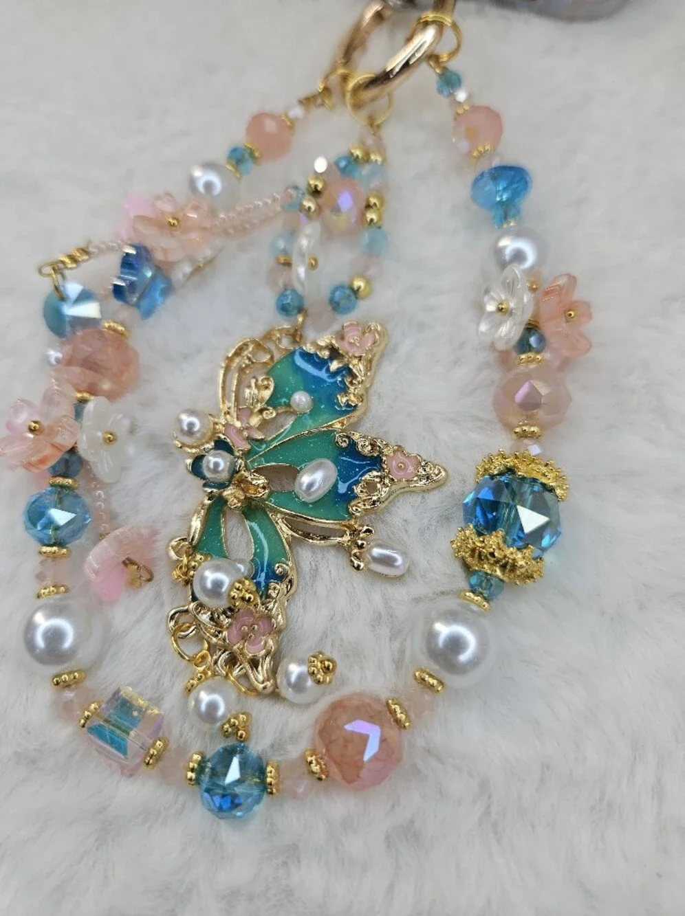 Gold Butterfly Phone Charm with Blue and Pink Beads